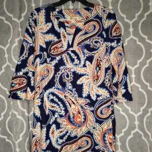 Axyeh Womens Dress Medium Blue White Coral Paisley Stretch 3/4 Sleeve Nylon/Span